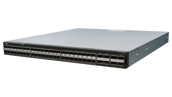 Netberg Aurora 610 48x 25GE and 8x 100GE, Intel Tofino P4 Programmable Bare Metal Switch for data centers, front angled view