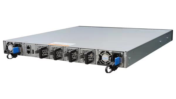 Netberg Aurora 610 48x 25GE and 8x 100GE, Intel Tofino P4 Programmable Bare Metal Switch for data centers, rear angled view