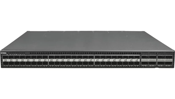 Netberg Aurora 615 48x 25G + 8x 100GE, Marvell Teralynx 5 Bare Metal Switch for data centers, front view