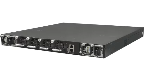 Netberg Aurora 615 48x 25G + 8x 100GE, Marvell Teralynx 5 Bare Metal Switch for data centers, rear angled view
