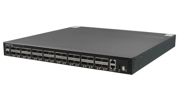 Netberg Aurora 710 32x 100GE, Intel Tofino P4 Programmable Bare Metal Switch for data centers, front angled view