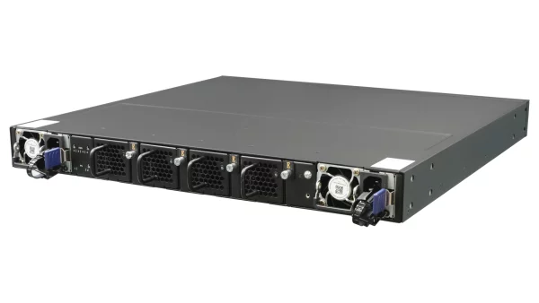 Netberg Aurora 710 32x 100GE, Intel Tofino P4 Programmable Bare Metal Switch for data centers, rear angled view