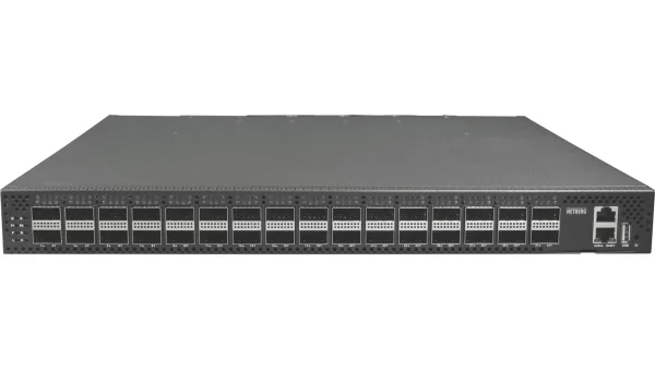 Netberg Aurora 715 32x 100GE, Marvell Teralynx 5 Bare Metal Switch for data centers, front view