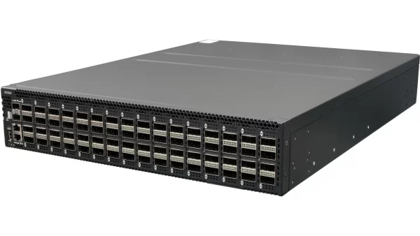 Netberg Aurora 750 64x 100GE, Intel Tofino P4 Programmable Bare Metal Switch for data centers, front angled view