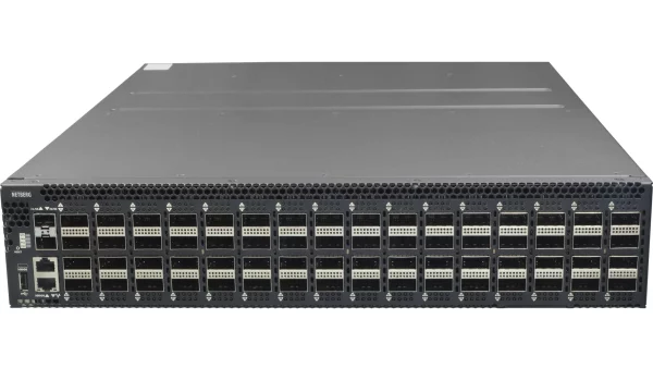 Netberg Aurora 750 64x 100GE, Intel Tofino P4 Programmable Bare Metal Switch for data centers, front view