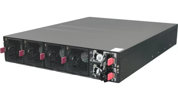 Netberg Aurora 750 64x 100GE, Intel Tofino P4 Programmable Bare Metal Switch for data centers, rear angled view