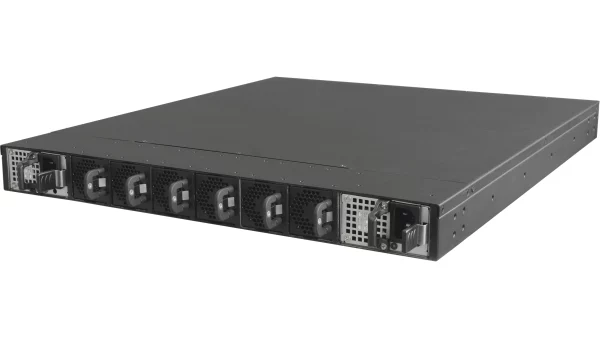 Netberg Aurora 810 32x 400GE, Intel Tofino 2 P4 Programmable Bare Metal Switch for data centers, rear angled view