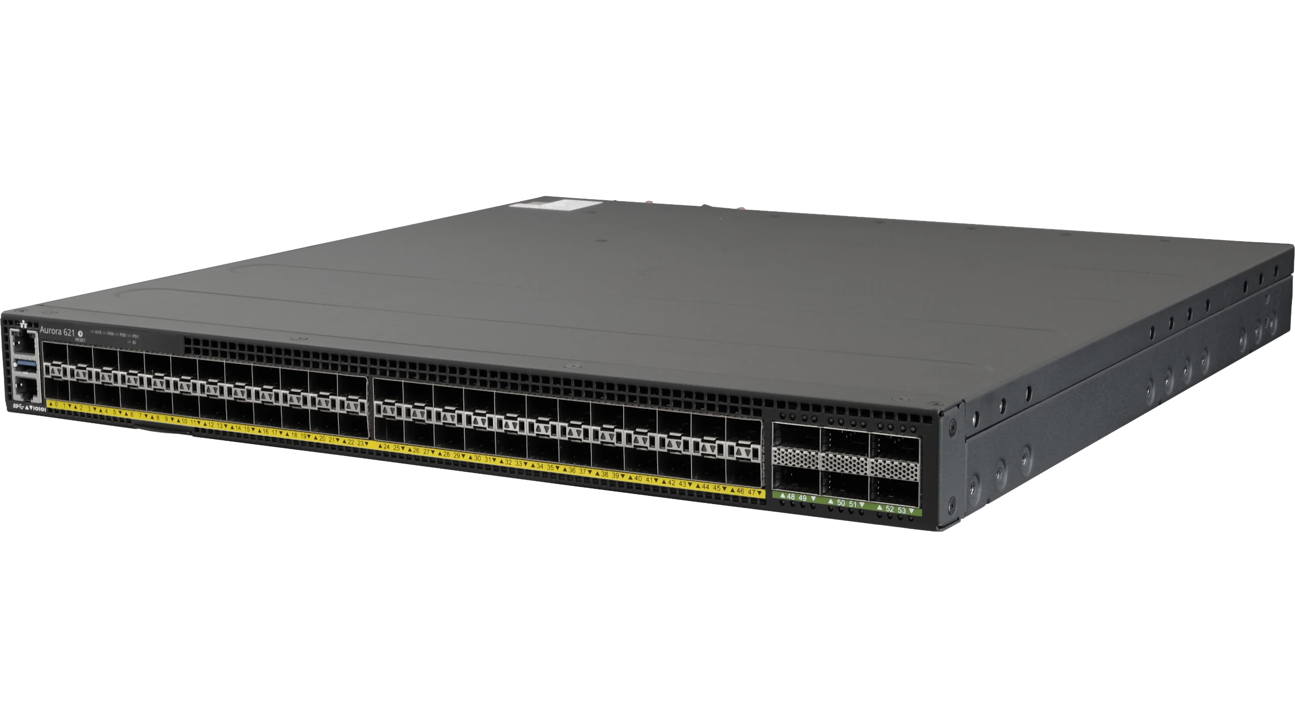 Netberg Aurora 621 48x 25G + 6x 100GE, Broadcom Trident3-X5 Bare Metal Switch for data centers, front angled view