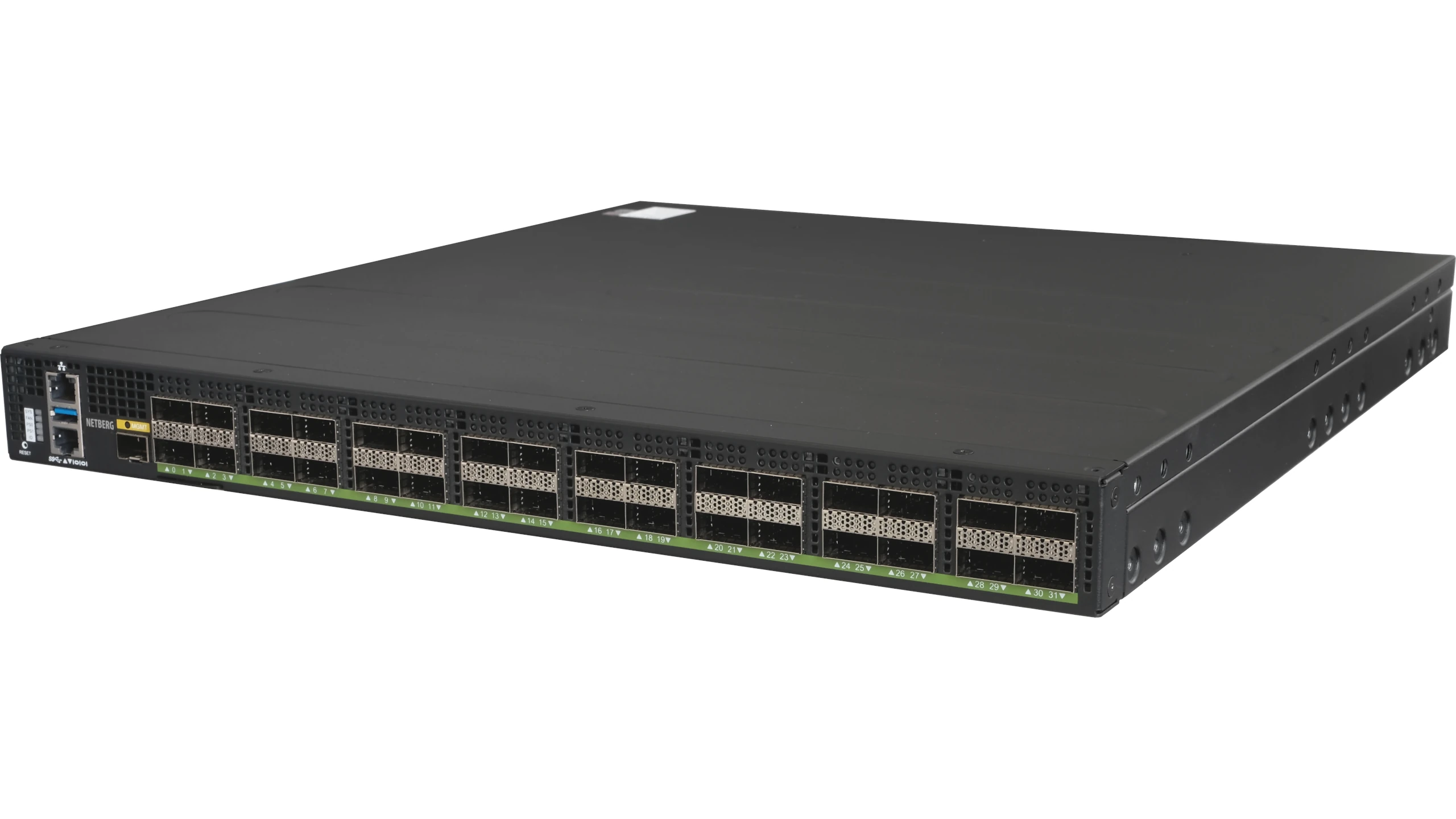 Netberg Aurora 721 32x 100GE, Broadcom Trident3-X7 Bare Metal Switch for data centers, front angled view